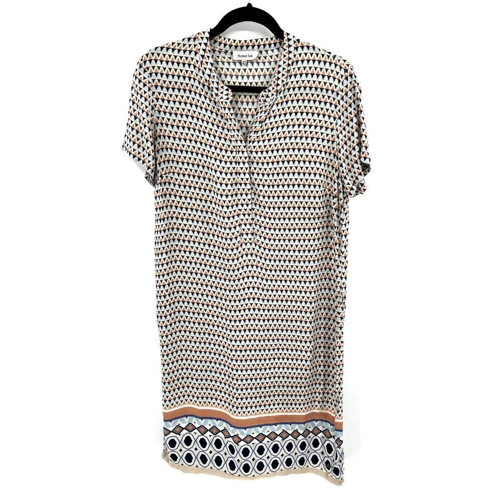 ARMOR LUX Blue Tan White Lightweight Shift Midi Henley Shirt Dress Size Medium
